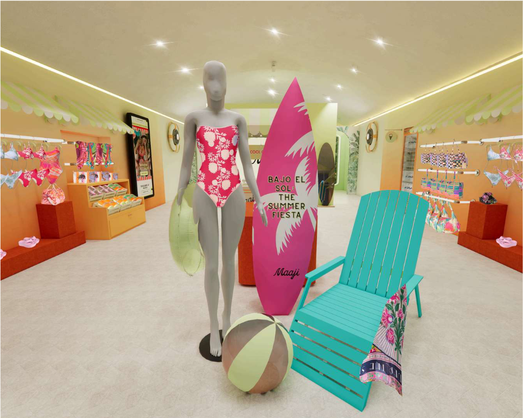 Maniquí con vestido de baño junto a tabla de surf Maaji