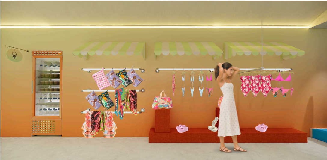 Muro de exhibición con vestidos de baño y accesorios