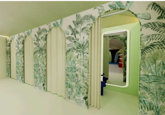 Pasillo con papel tapiz tropical y probadores