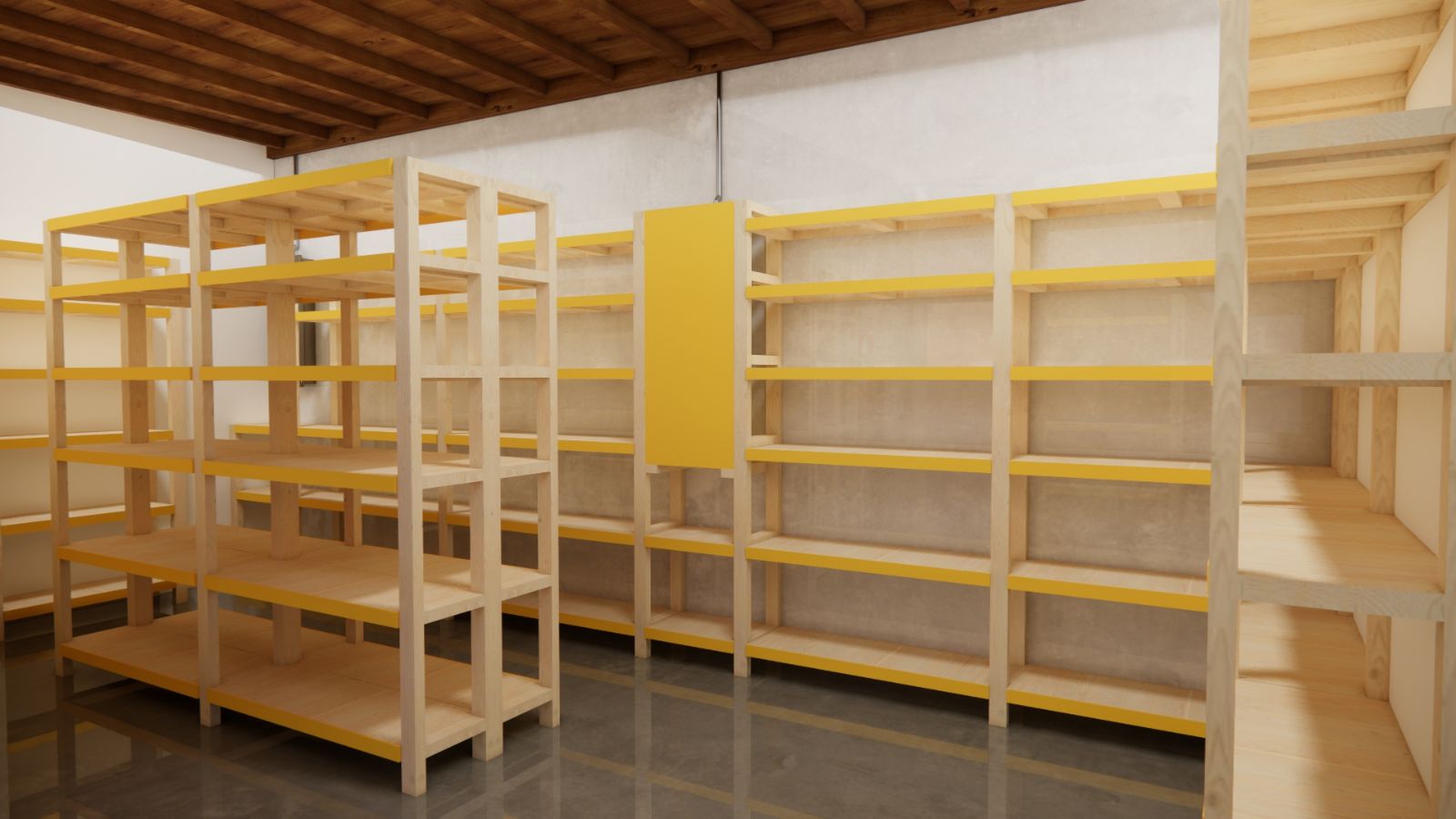 Taquillas MAMM — render del sistema de estanterías